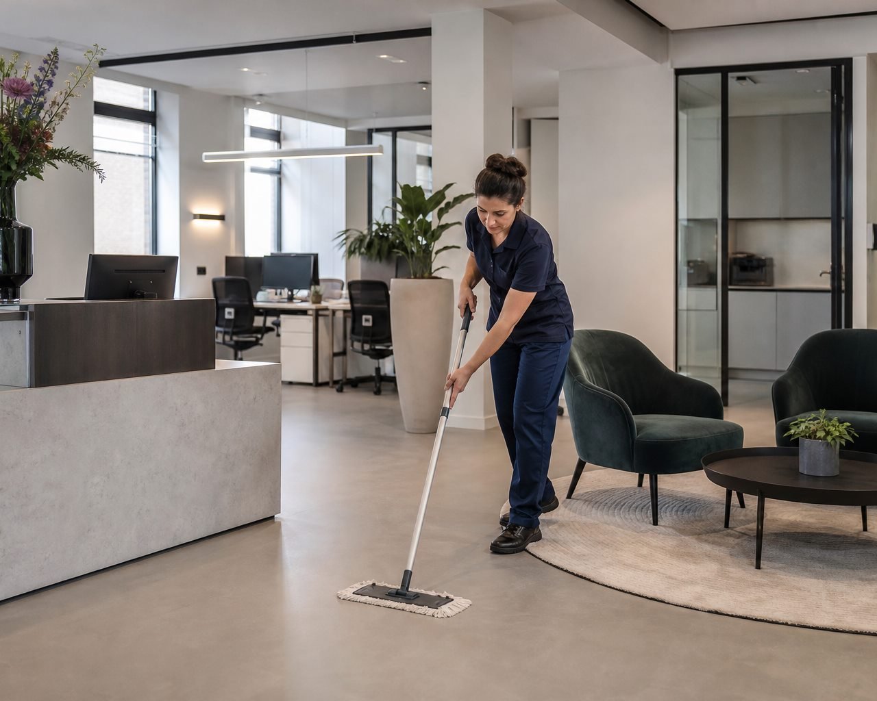 Schoonmaakdienst in een moderne bedrijfsruimte