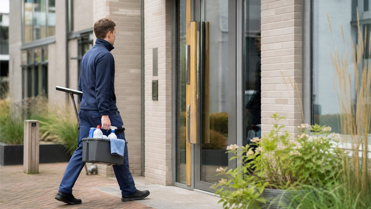 Schoonmaakmedewerker komt aan bij een moderne locatie