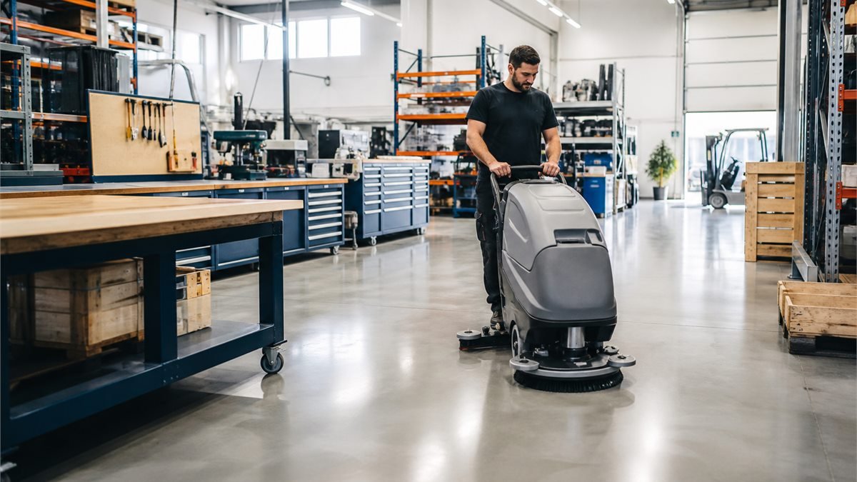 Geordende industriele werkruimte voor professionele schoonmaak