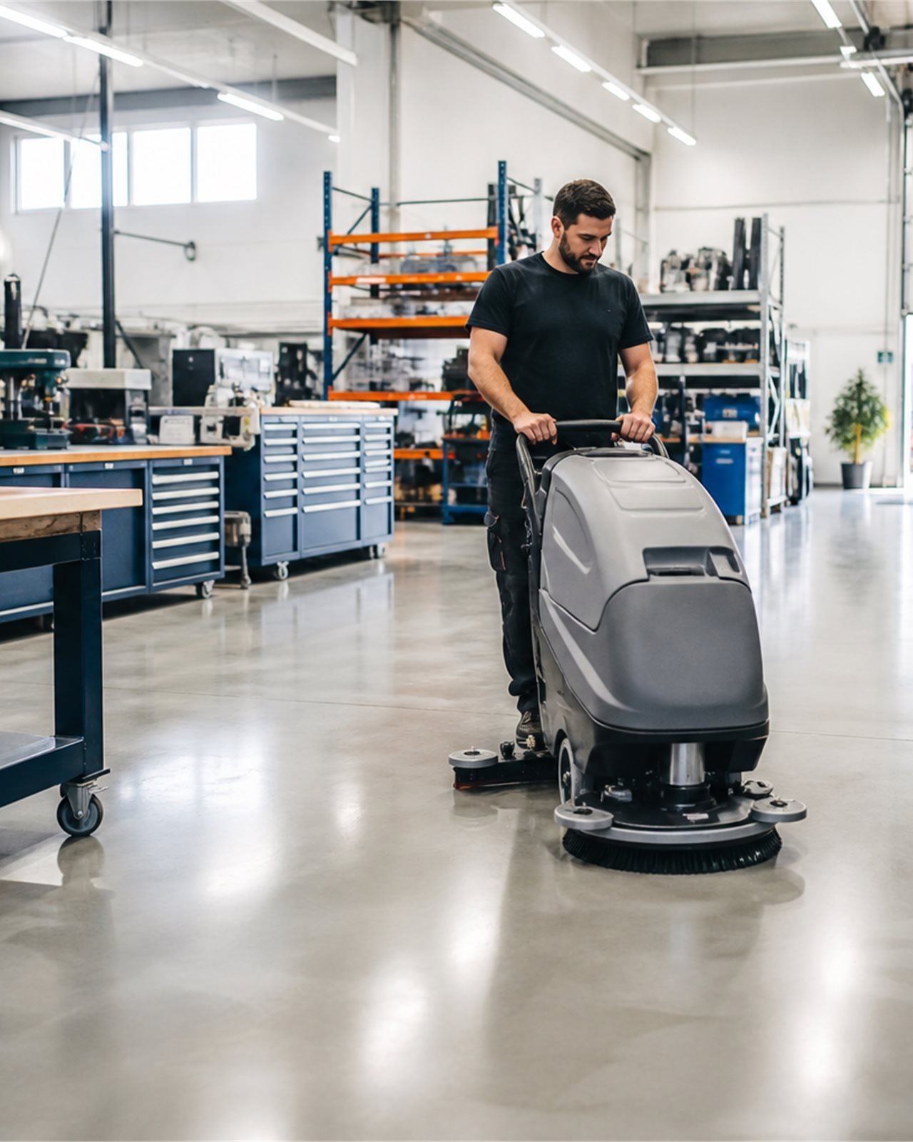 Geordende industriele werkruimte voor professionele schoonmaak