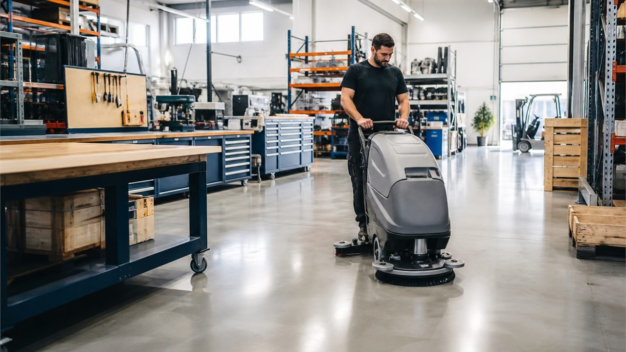 Geordende industriele werkruimte voor professionele schoonmaak